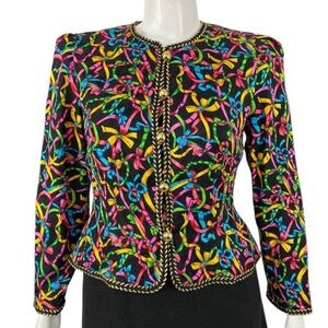 Maggy London Vintage 80s Multicolored Silk Ribbon Pattern Artsy Blazer Jacket 22